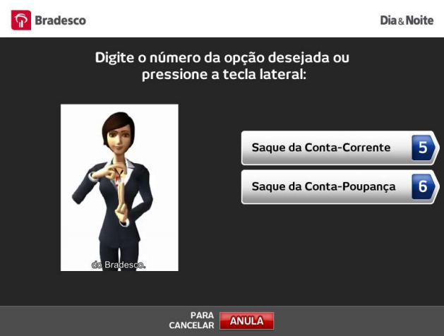 Imagem da tela da máquina mostra um avatar que traduz o texto para Libras, ao lado de opções de saque