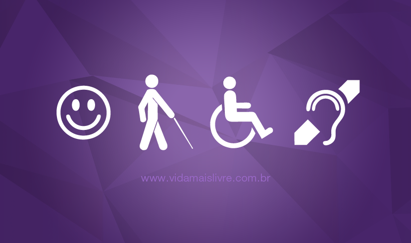 Símbolos da deficiência intelectual, visual, física e auditiva, em fundo roxo