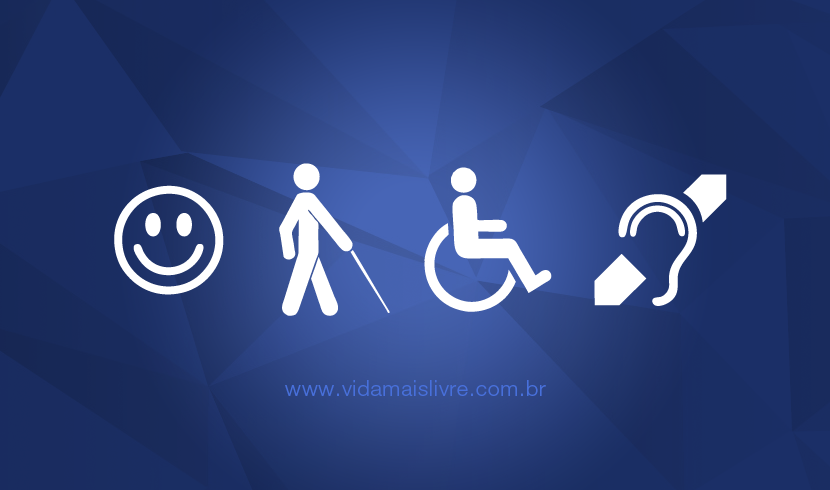 Símbolos da deficiência intelectual, visual, física e auditiva, em fundo azul.