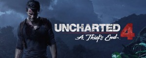 Nathan Drake, personagem principal de Uncharted, está em primeiro plano, ao lado de vegetações. Ao fundo, uma paisagem montanhosa. No texto, Uncharted 4: A Thief's End.