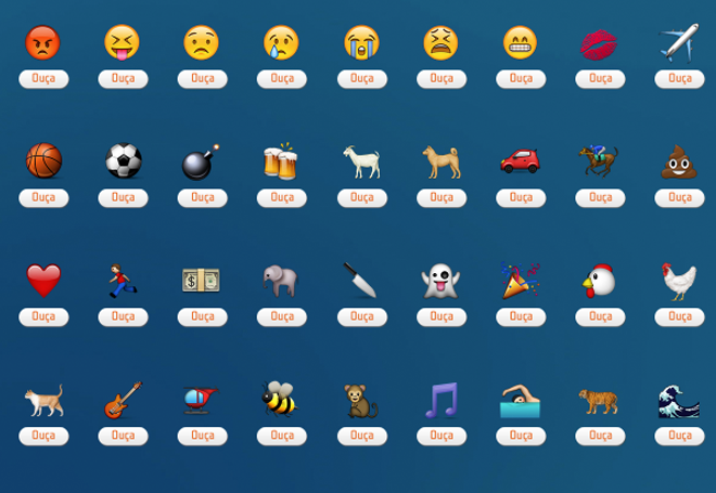 Diversos emojis, cada um com um botão abaixo escrito "ouça".