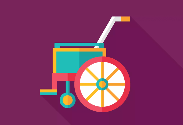 Em um fundo roxo, há a ilustração lúdica de uma cadeira de rodas, em verde, amarelo e rosa