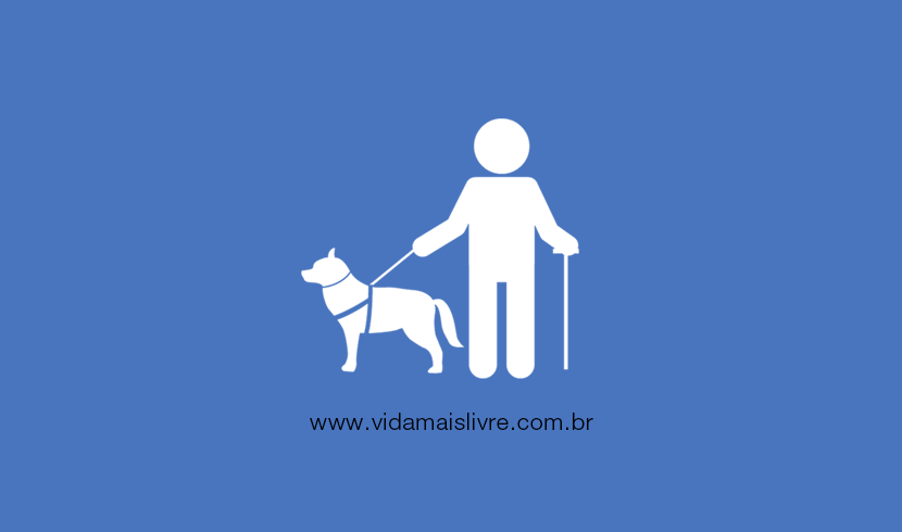 Em um fundo azul, ícone de cego com um cão-guia