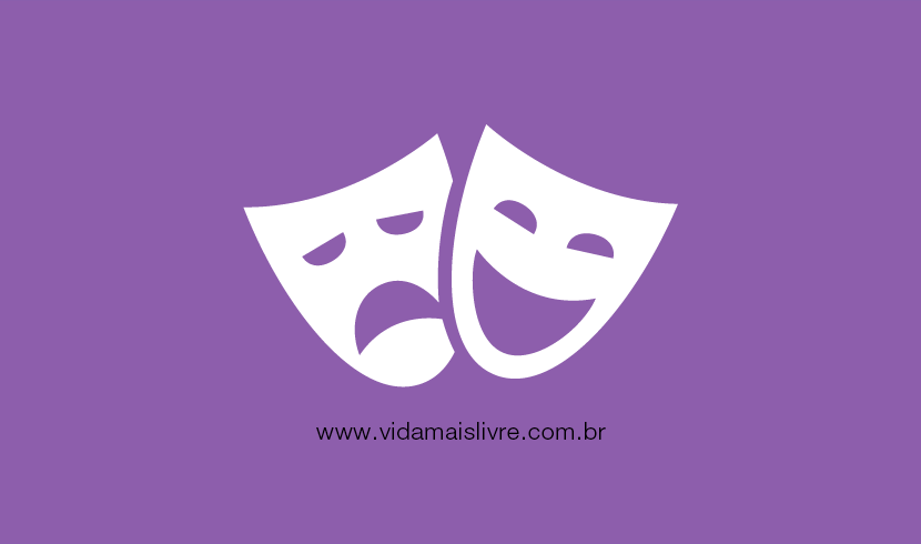 Em fundo roxo, há o ícone que representa o teatro, com as máscaras do drama e da comédia