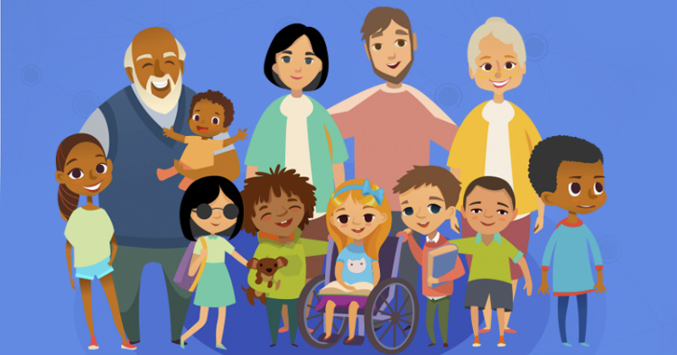 Ilustração lúdica com adultos e crianças, de diversas etnias e idades. Ao centro, há uma garota cadeirante e, do lado direito, uma menina cega