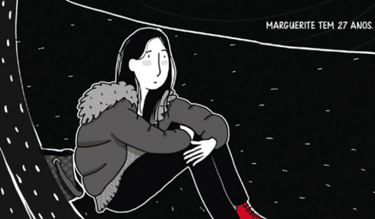 Ilustração lúdica em preto, branco e vermelho de uma garota sentada abraçando as pernas. Em texto: Marguerite tem 27 anos