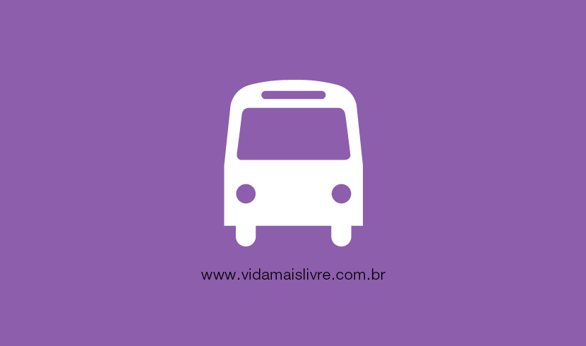 Em fundo roxo, ícone que representa um ônibus