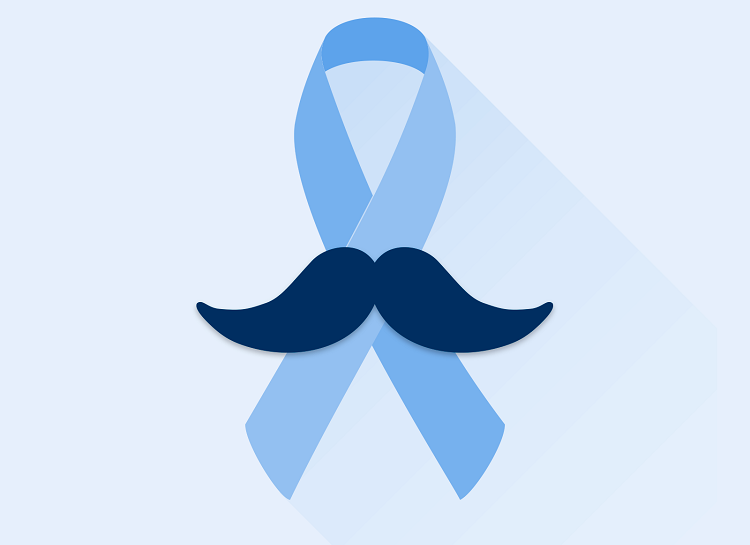 Foto do laço azul que representa a campanha do câncer de próstata. Há um bigode sobre o laço