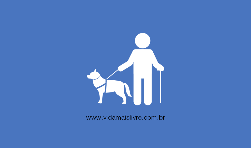 Em fundo azul , ícone de um homem cego com uma bengala e um cão-guia