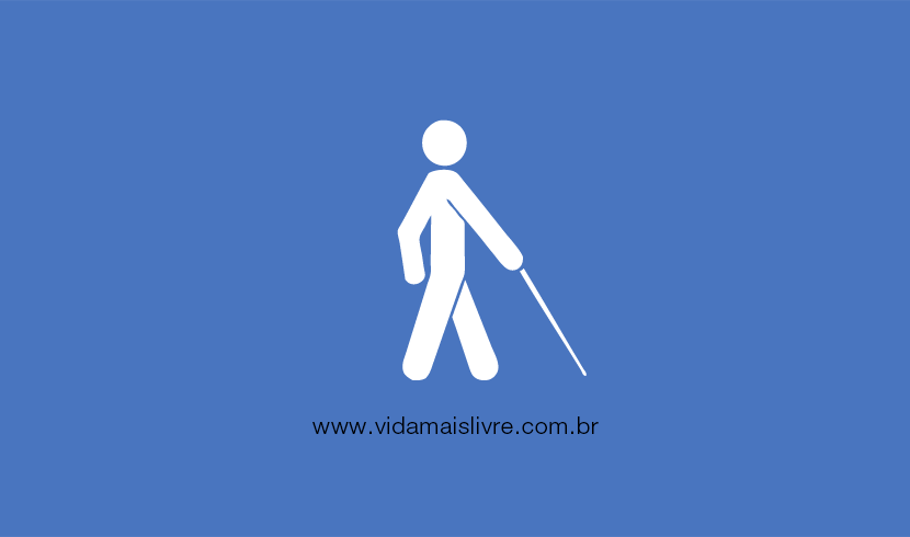 Em fundo azul, ícone em branco que representa um cego caminhando com uma bengala