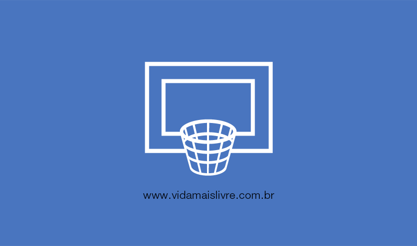 Em fundo azul, ícone em branco de uma cesta de basquete