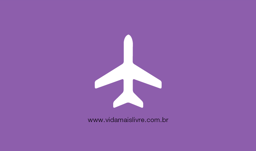 Fundo roxo com ícone de um avião em branco