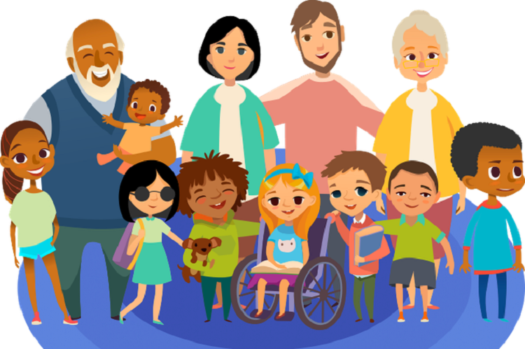 Ilustração lúdica de pessoas de diversas idades juntas. À frente, há crianças diversas, sendo uma cadeirante, uma cega e um menino com Síndrome de Down
