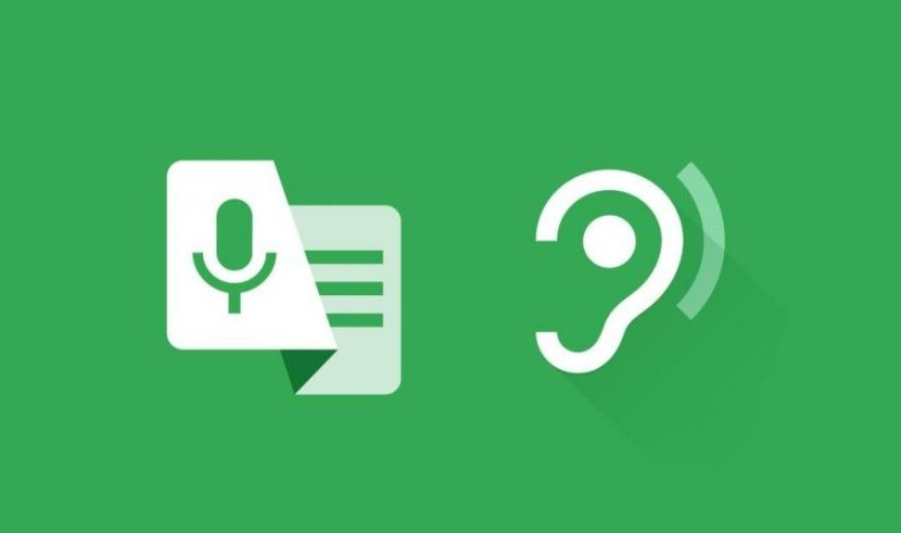 Em fundo verde, ícones em branco de um microfone, que indica a voz, e outro de uma orelha, indicando a audição
