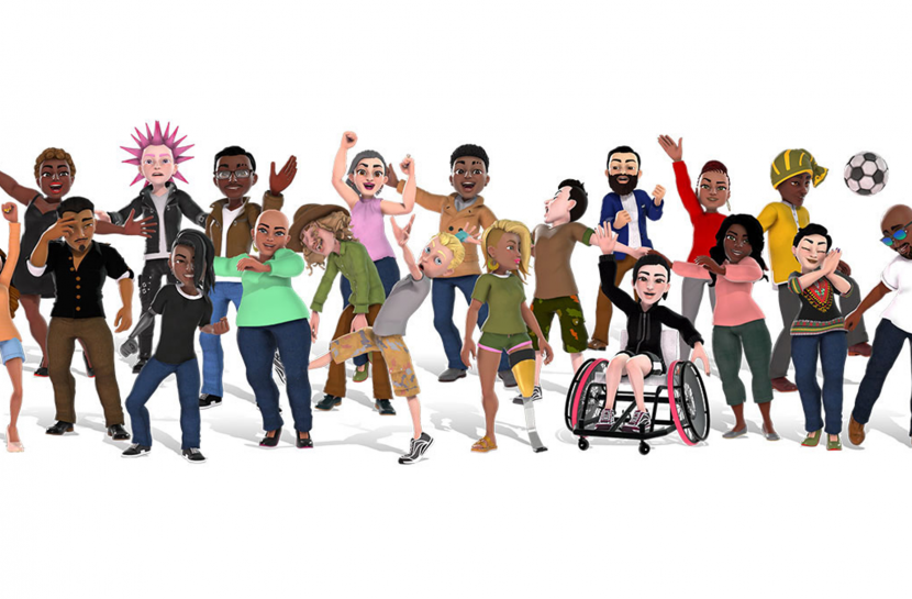Arte digital com avatares do console Xbox. Há um grupo de pessoas, com cadeirantes, crianças e adultos de diferentes estilos