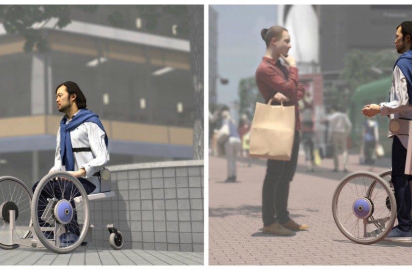 Figura com duas artes em 3D simulando o uso do novos projeto de cadeira de rodas, à esquerda, e exoesqueleto, à direita
