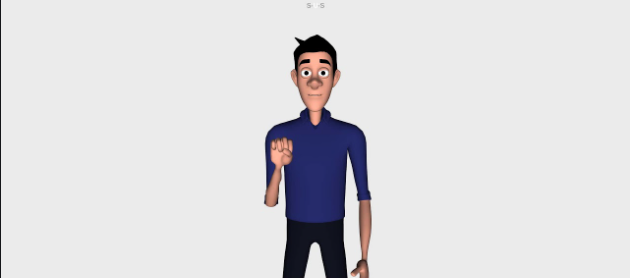 Desenho do avatar Ícaro. Ele é branco, tem cabelos castanhos e usa uma camisa social azul marinho. Com a mão esquerda, ele faz um sinal em Libras.
