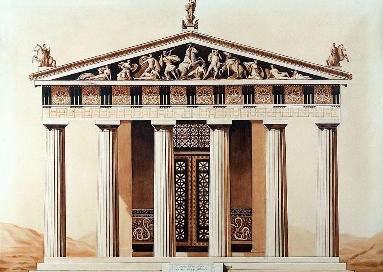 Reconstrução da fachada do templo de Asclépio, em Epidauro, na Grécia Antiga