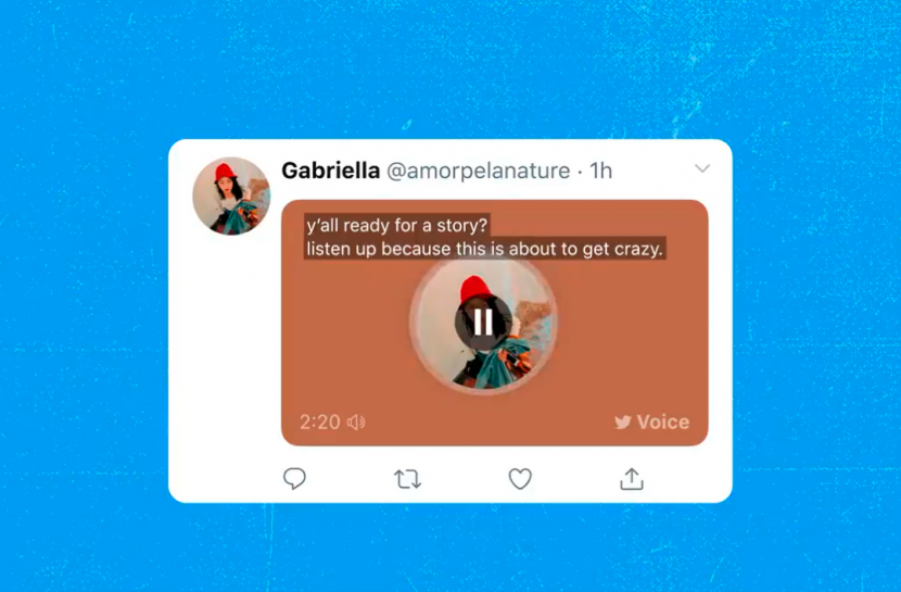Arte em fundo azul claro com o print de um tweet em áudio do perfil Gabriela @amorpelanature