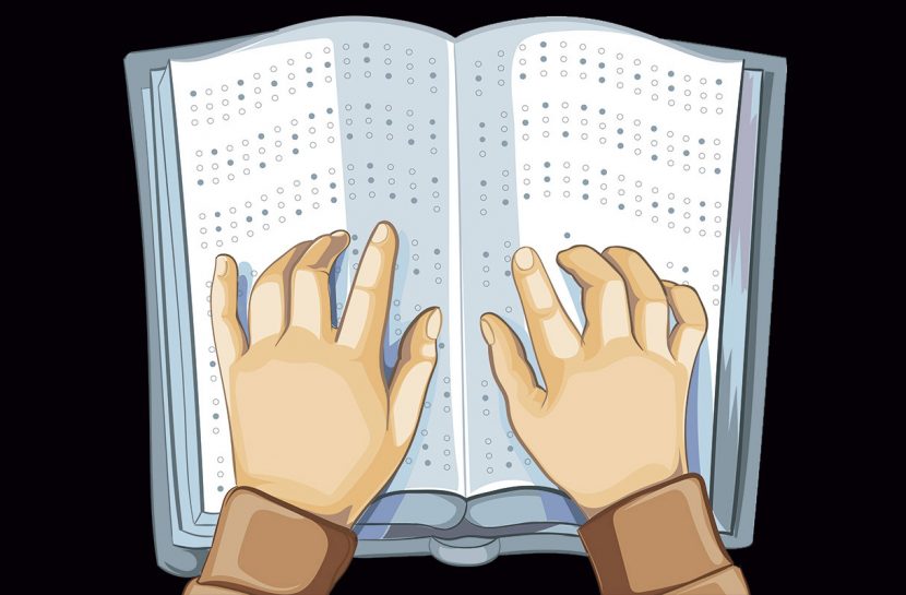 Ilustração de um par de mãos lendo um livro em Braille.