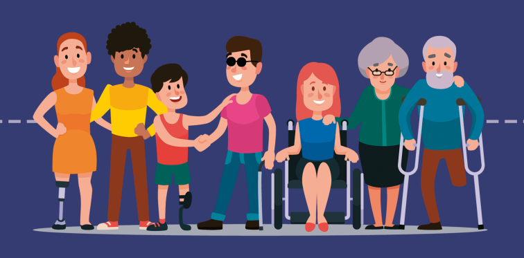 Ilustração de pessoas com deficiências, lado a lado, como uma mulher e um garoto com próteses nas pernas, um homem idoso com a perna amputada, um homem de óculos escuros e uma mulher usando cadeiras de rodas.