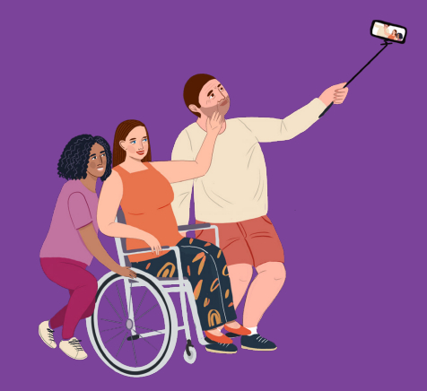 Ilustração de um homem de pele clara tirando uma foto estilo selfie junto com duas mulheres uma de pele clara que usa uma cadeira de rodas e uma de pele negra levemente agachada.