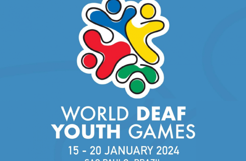Arte com logo do evento, fundo azul e texto em inglês: "World Deaf Youth Games. 15 - 20 january 2024. São Paulo - Brazil".
